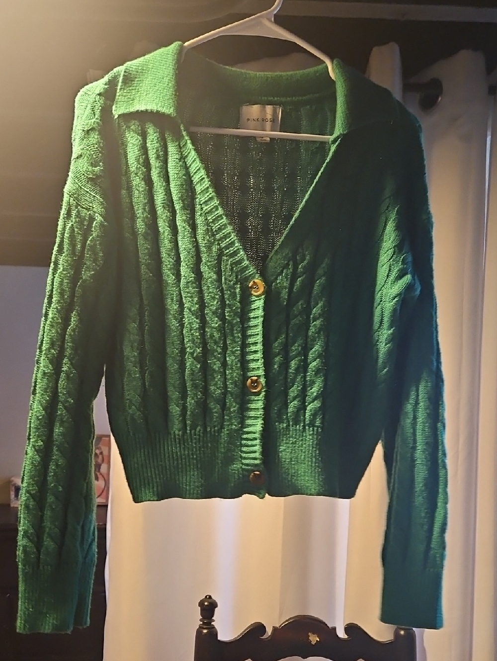 Pink Rose Emerald Green Cable-Knit Collared Cardigan
